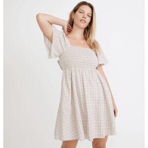 Madewell Milkmaid Orange Blue  Plaid Shirred Puff Sleeve Open Back Mini Dress